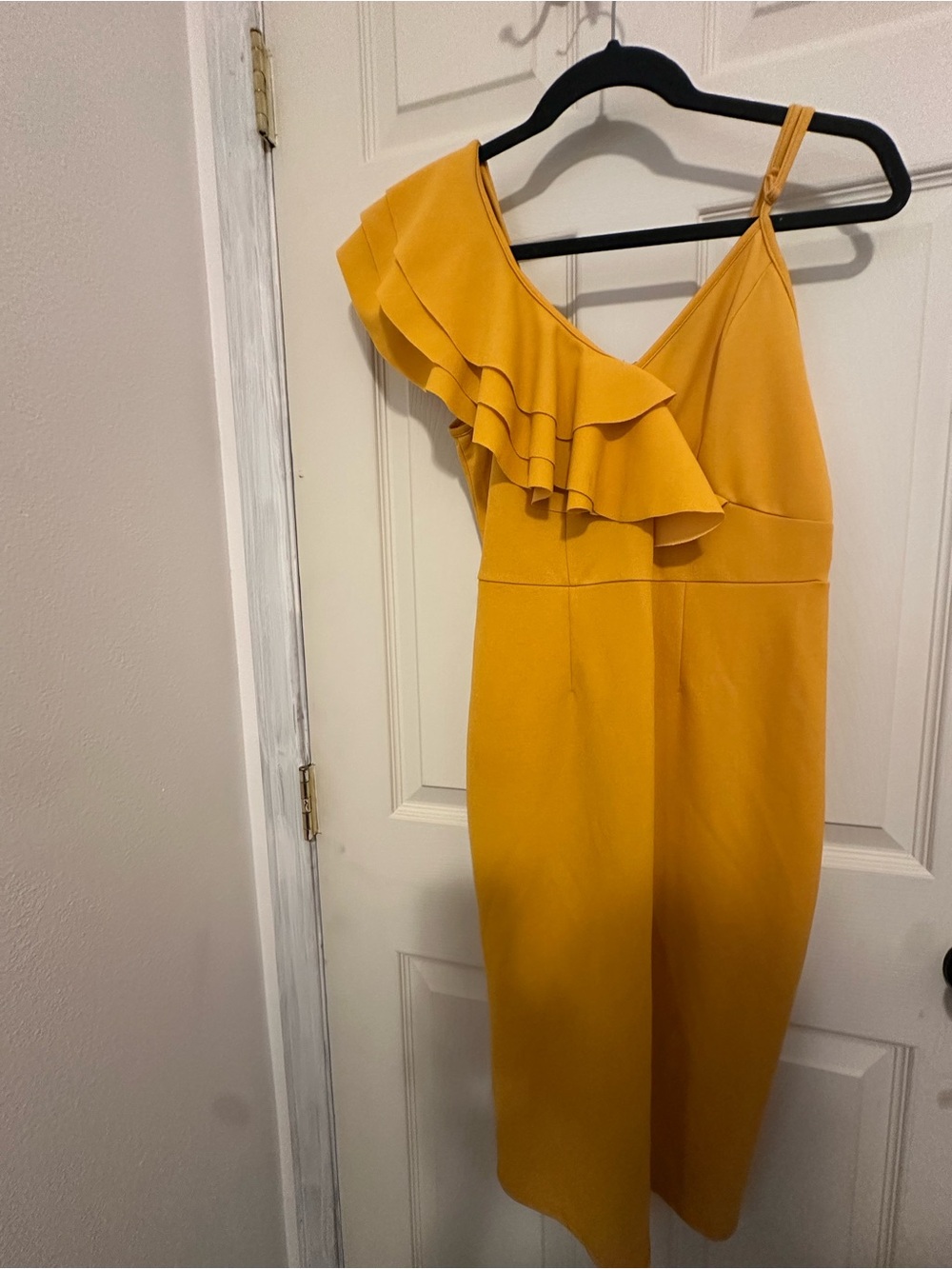 SHEIN Mustard Yellow One-Shoulder Ruffle Midi Dress